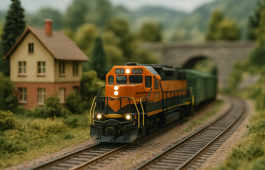 AI image of model train and surrounding scenery.