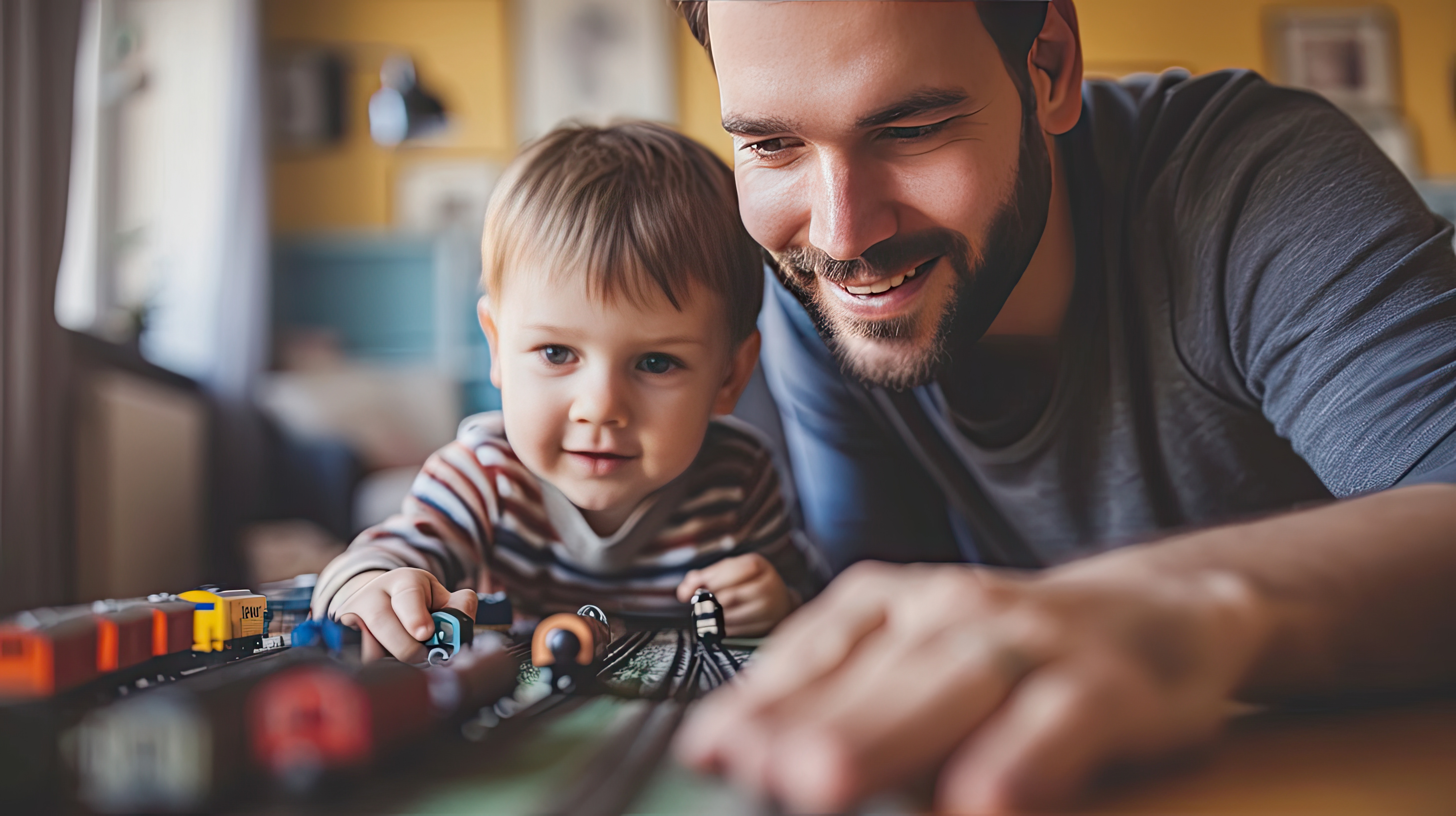 Father-son enjoying model railroad Father-son enjoying model railroad
